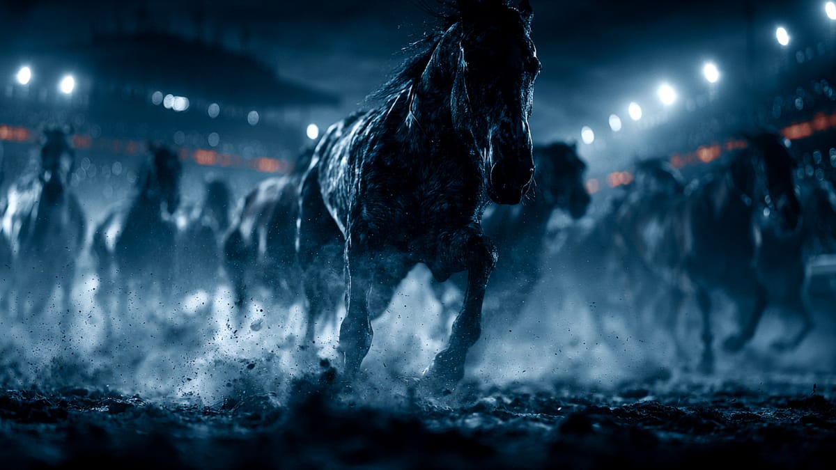 Cavalos de corrida em disputa sob os refletores de um estádio